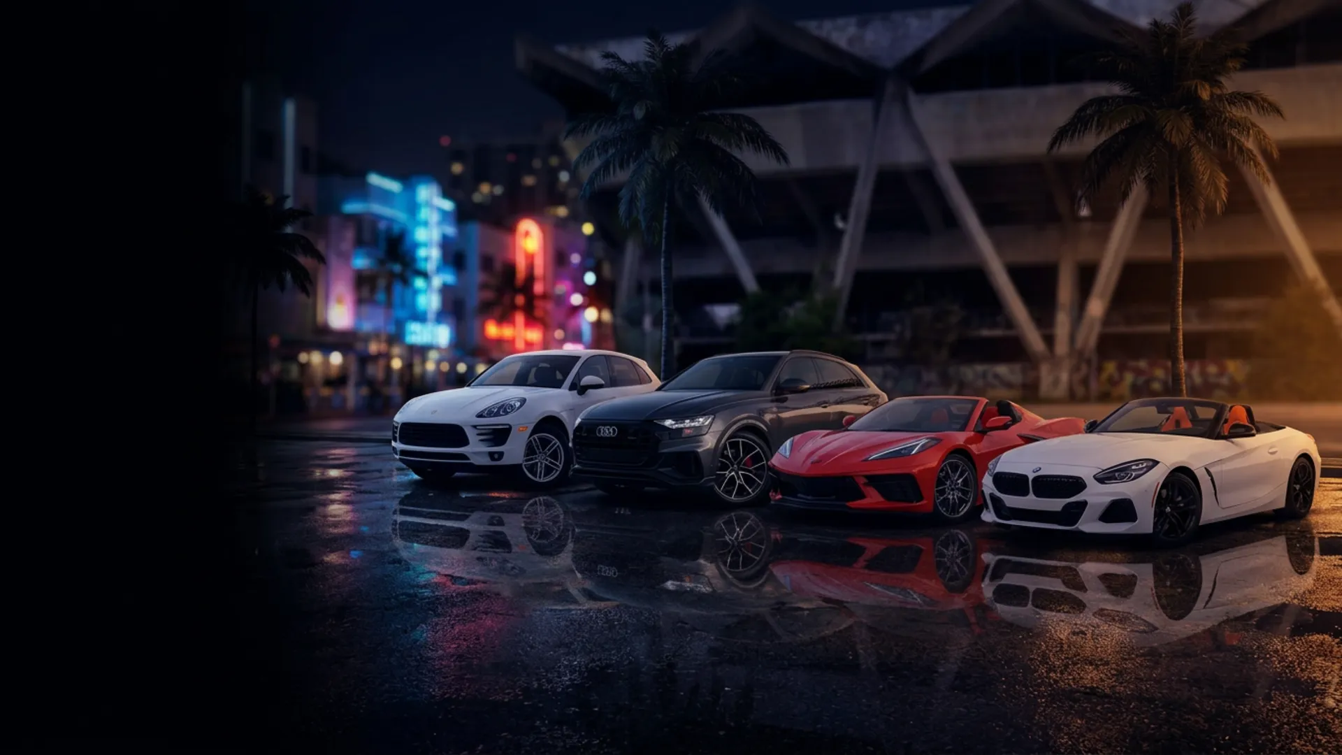 Luxury cars in Miami at dusk